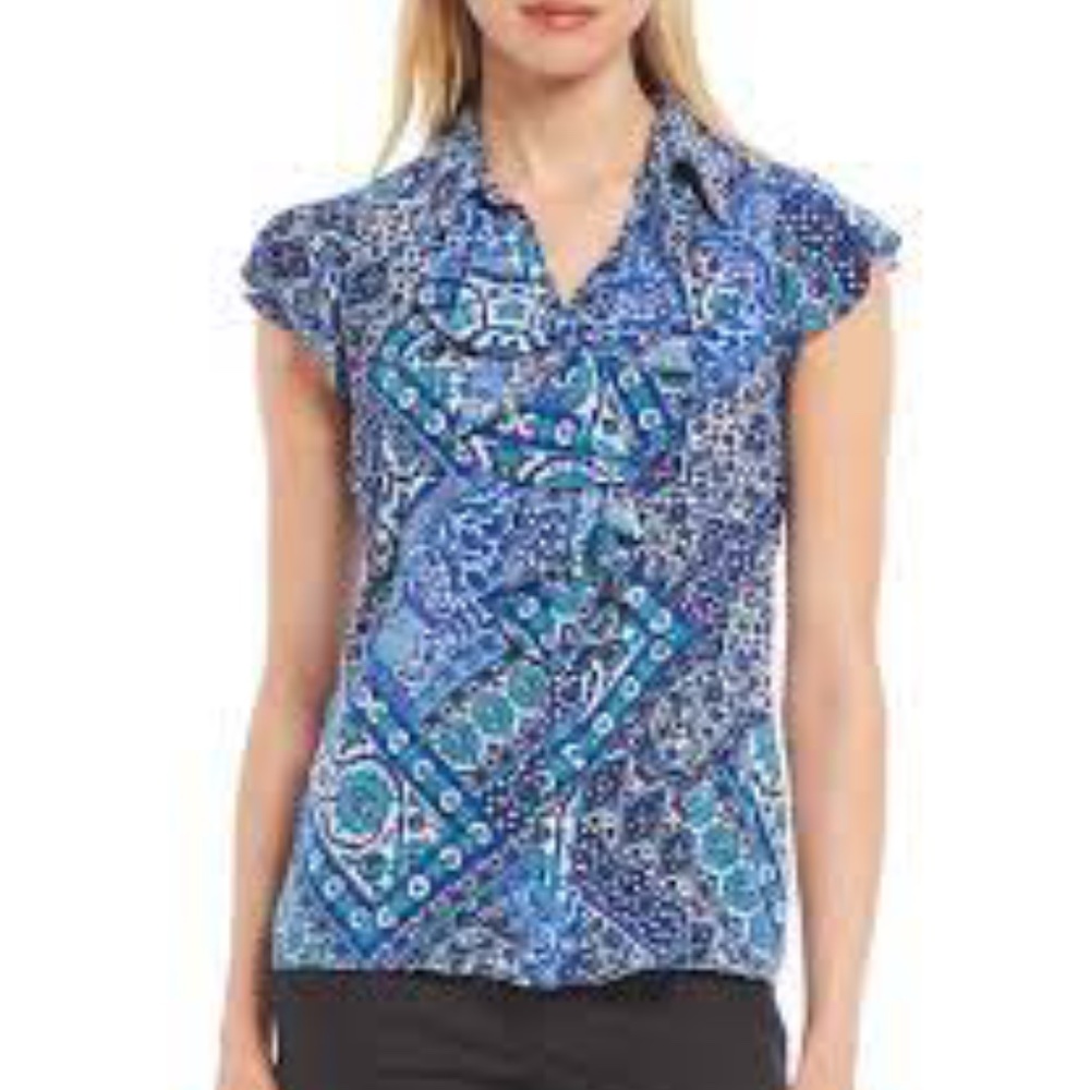 NWT Calvin Klein Paisley Print Ruffle Front Flutter Cap Sleeve Top